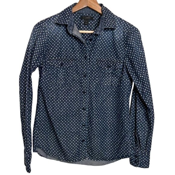J Crew Womens Size 0 Star Dot Keeper Chambray Long Sleeve Button Down Shirt Blue - Picture 1 of 10